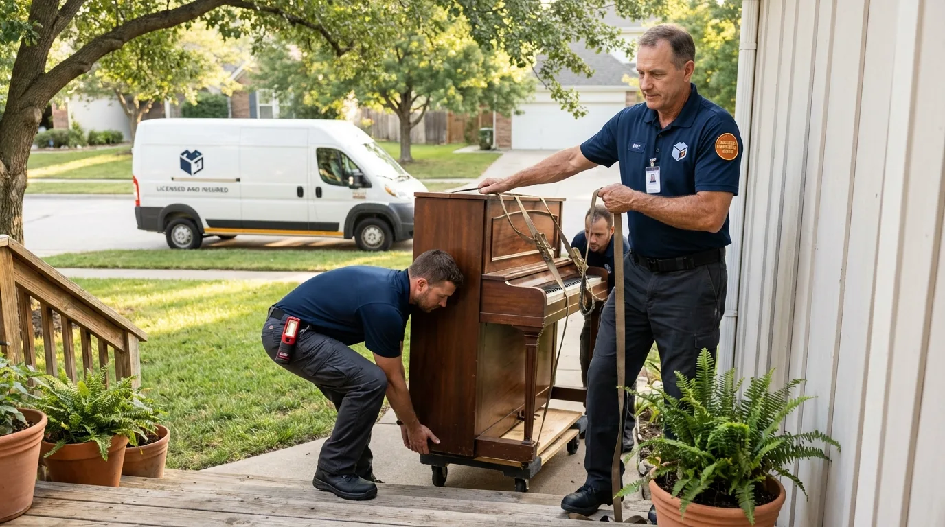 Licensed piano movers securing grand piano in Fort Stewart, GA