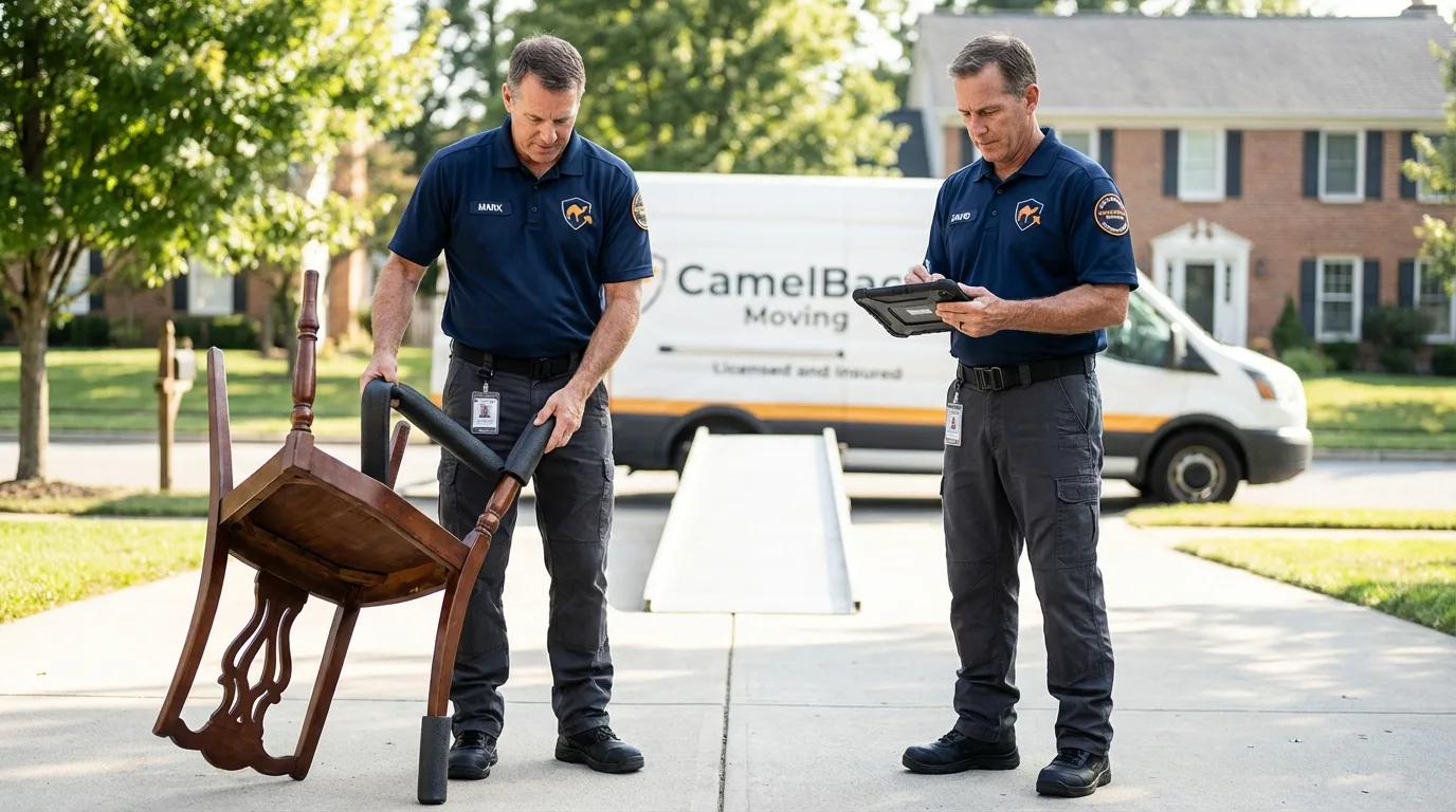 Movers inspecting furniture for damage prevention before loading in Fort Stewart, GA