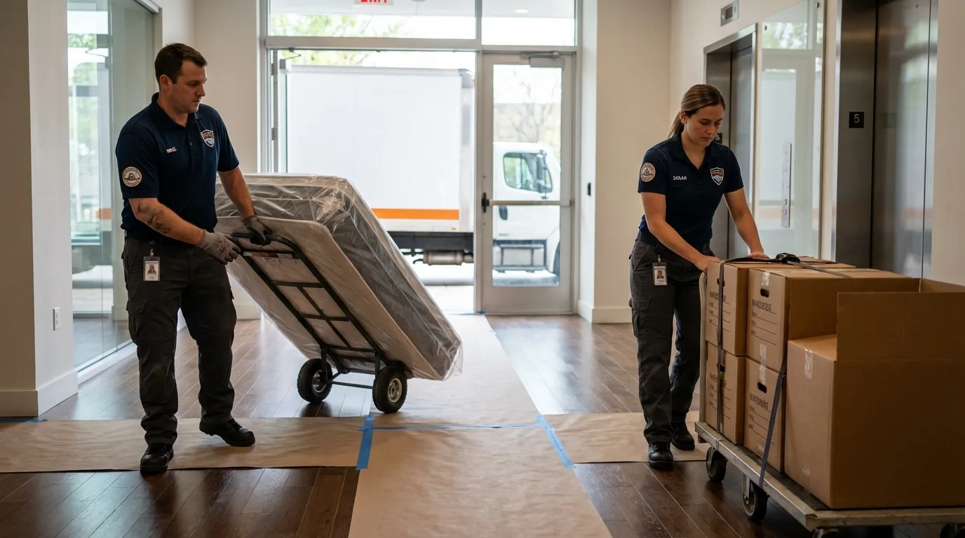 Professional apartment movers loading elevator in Fort Stewart, GA