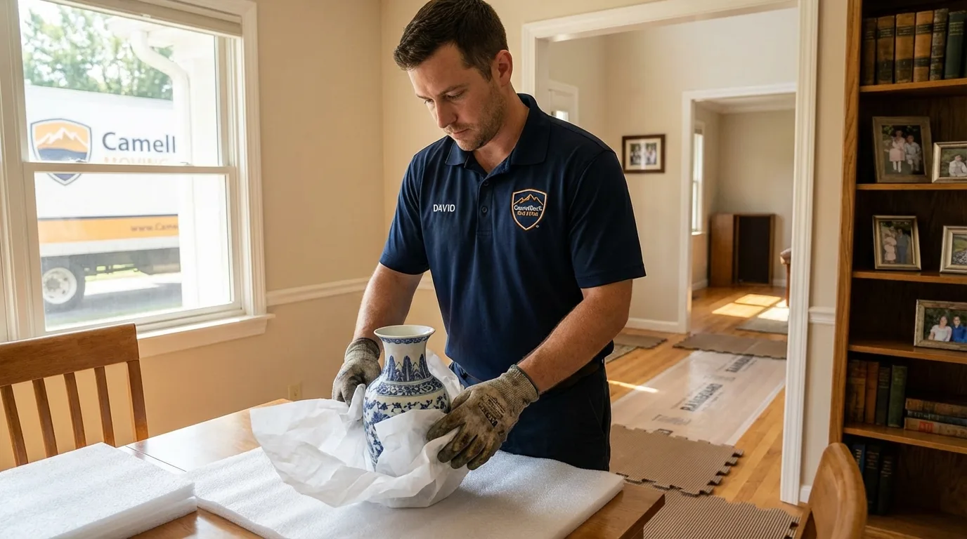 Professional crew carefully wrapping antique vase for senior downsizing move in Fort Stewart, GA